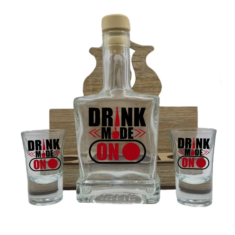 Drink mode on, suport din lemn cu sticla si 2 pahare, model hgs072